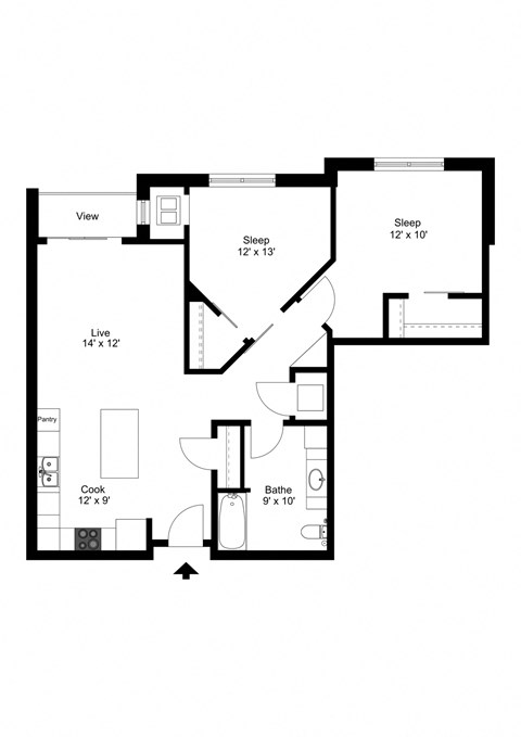 Floor plan for 2 beds, 1 bath, 992 sqft